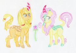 Size: 1280x893 | Tagged: safe, artist:maximanxd, applejack, fluttershy, kirin, appleshy, appleshybomb, female, flower, kirin-ified, lesbian, shipping, simple background, species swap