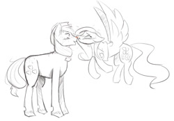 Size: 1024x711 | Tagged: safe, artist:heeeeresizzy, applejack, fluttershy, earth pony, pegasus, pony, appleshy, blushing, cutie mark, female, flying, grayscale, heart, kissing, lesbian, mare, monochrome, scrunchy face, shipping, simple background, sketch, white background