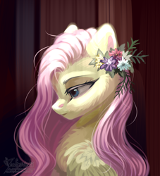 Size: 4090x4512 | Tagged: safe, artist:teaflower300, fluttershy, pegasus, pony, abstract background, bust, chest fluff, female, flower, flower in hair, lidded eyes, looking down, mare, portrait, profile, solo