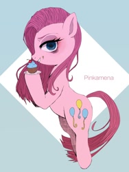 Size: 900x1200 | Tagged: safe, artist:hosikawa, pinkie pie, earth pony, pony, cupcake, female, food, mare, pinkamena diane pie, smiling, solo