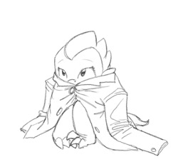 Size: 642x584 | Tagged: safe, artist:carnifex, barb, spike, dragon, baby, baby dragon, barbabetes, clothes, cute, dragoness, female, jacket, monochrome, rule 63, rule63betes, solo