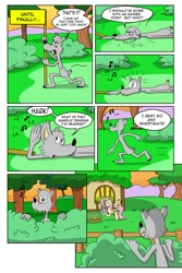 Size: 730x1095 | Tagged: safe, artist:cartoon-eric, fluttershy, oc, oc:fred wolfbane, pegasus, pony, comic:pink. it's what's for dinner, bush, comic, fence, flower, fluttershy's cottage, singing, watering can