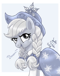 Size: 1130x1430 | Tagged: safe, artist:joakaha, applejack, spirit of hearth's warming past, earth pony, ghost, pony, a hearth's warming tail, alternate hairstyle, braid, clothes, dress, female, hat, open mouth, signature, simple background, white background