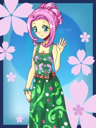 Size: 900x1200 | Tagged: dead source, safe, artist:starriglo, fluttershy, equestria girls, clothes, dress, female, formal wear, solo