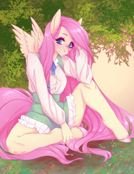 Size: 2550x3300 | Tagged: safe, artist:fernybee, fluttershy, anthro, pegasus, unguligrade anthro, blushing, clothes, cute, female, looking at you, mare, shyabetes, sitting, solo, tree