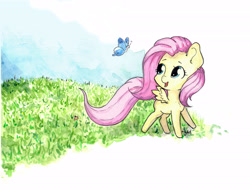 Size: 6008x4624 | Tagged: safe, artist:lightisanasshole, fluttershy, butterfly, pegasus, pony, abstract, abstract background, chibi, cute, grass, grass field, looking back, running, shyabetes, sky, smiling, solo, traditional art, watercolor painting