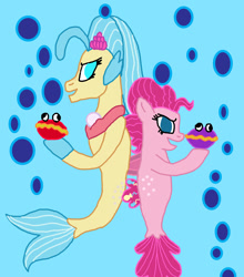 Size: 1300x1479 | Tagged: safe, artist:bigpurplemuppet99, pinkie pie, princess skystar, pony, seapony (g4), blue background, clam, duo, female, lesbian, mare, seaponified, seapony pinkie pie, shelldon, shelly, shipping, simple background, skypie, species swap