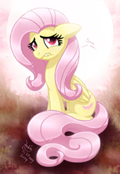 Size: 900x1300 | Tagged: safe, artist:joakaha, fluttershy, bat pony, pony, abstract background, bat ponified, crying, dialogue, digital art, female, flutterbat, lip bite, mare, race swap, signature, solo