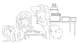 Size: 616x347 | Tagged: safe, fluttershy, pinkie pie, earth pony, pegasus, pony, cake, food, monochrome, pied