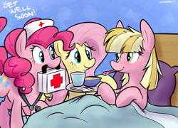 Size: 999x720 | Tagged: safe, artist:thedoggygal, fluttershy, meadow flower, pinkie pie, earth pony, pegasus, pony, andrea libman, bed, caring for the sick, cute, female, food, mare, mouth hold, nurse outfit, pillow, sick, soup, thermometer, trio, voice actor joke