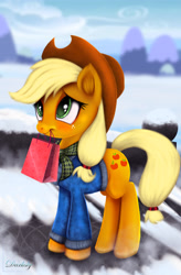 Size: 3360x5120 | Tagged: safe, artist:darksly, applejack, earth pony, pony, best gift ever, clothes, coat, cowboy hat, cute, female, hat, jackabetes, mare, mouth hold, scarf, solo, stetson