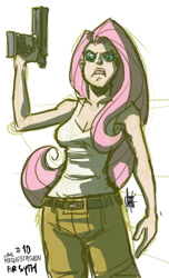 Size: 400x658 | Tagged: safe, artist:theartrix, fluttershy, human, badass, clothes, female, flutterbadass, gun, humanized, scowl, solo, weapon