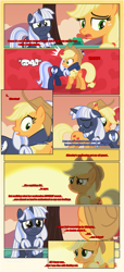 Size: 1919x4225 | Tagged: safe, artist:estories, applejack, oc, oc:silverlay, earth pony, pony, unicorn, comic:a(pple)ffection, comic, hill, red background, simple background, sunset, tree