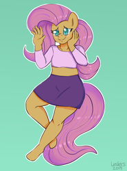 Size: 1926x2600 | Tagged: safe, artist:leslers, fluttershy, anthro, pegasus, unguligrade anthro, clothes, cute, female, hands up, legs, mare, midriff, miniskirt, short shirt, skirt, smiling, solo