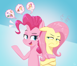 Size: 1750x1500 | Tagged: safe, artist:yinglongfujun, fluttershy, pinkie pie, pegasus, pony, griffon the brush off, crossed hooves, duo, fluttershy is not amused, frown, glare, i'm a year older than you, open mouth, pictogram, speech bubble, unamused