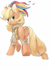 Size: 2480x3508 | Tagged: safe, artist:yunlongchen, applejack, earth pony, pony, butt, clothes, dock, eyepatch, featureless crotch, hat, looking at you, looking back, looking back at you, missing cutie mark, pirate, pirate applejack, pirate hat, plot, simple background, solo, white background