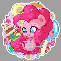 Size: 1440x1440 | Tagged: safe, artist:batonya12561, part of a set, gummy, pinkie pie, alligator, earth pony, pony, :p, balloon, cake, candle, chibi, confetti, cupcake, cute, diapinkes, duo, ear fluff, food, gray background, muffin, simple background, tongue out