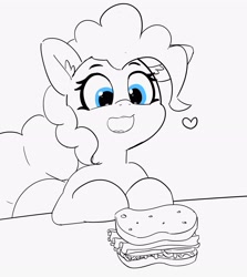 Size: 2613x2934 | Tagged: safe, artist:pabbley, pinkie pie, earth pony, pony, female, food, happy, heart, lineart, looking at something, mare, monochrome, neo noir, open mouth, partial color, sandwich, smiling, solo