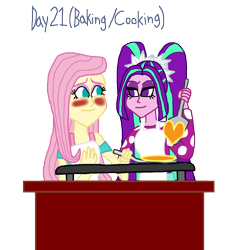 Size: 2000x2208 | Tagged: safe, artist:bigpurplemuppet99, aria blaze, fluttershy, equestria girls, 30 day otp challenge, ariashy, blushing, female, flutterblaze, food, heart, lesbian, pancakes, shipping