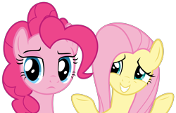 Size: 4297x2769 | Tagged: safe, artist:sketchmcreations, fluttershy, pinkie pie, pegasus, pony, common ground, female, mare, pinkie pie is not amused, raised eyebrow, shrug, simple background, smiling, transparent background, unamused, vector