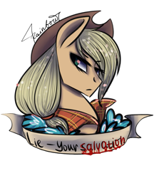 Size: 831x962 | Tagged: safe, artist:yukomaussi, applejack, earth pony, pony, applejack's hat, bandana, cowboy hat, discorded, flower, hat, liarjack, old banner, solo