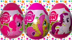 Size: 1280x720 | Tagged: safe, fluttershy, pinkie pie, rarity, pegasus, pony, unicorn, logo, my little pony, my little pony logo, rainbow star, stars, surprise egg, toy