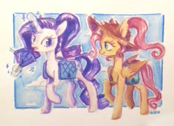 Size: 1874x1358 | Tagged: safe, artist:deerdelraya, fluttershy, rarity, pegasus, pony, unicorn, duo, fan, female, folded wings, glowing horn, hat, horn, looking at each other, mare, raised hoof, saddle bag, sun hat, three quarter view, traditional art, walking, watercolor painting, wings