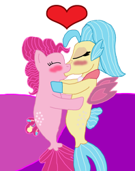 Size: 1300x1643 | Tagged: safe, artist:bigpurplemuppet99, pinkie pie, princess skystar, seapony (g4), blushing, female, kissing, lesbian, seaponified, seapony pinkie pie, shipping, skypie, species swap