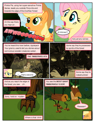 Size: 612x792 | Tagged: safe, artist:newbiespud, edit, edited screencap, screencap, fluttershy, granny smith, earth pony, pegasus, pony, timber wolf, comic:friendship is dragons, comic, dialogue, exclamation point, eyes closed, female, freckles, glowing eyes, hat, headscarf, howling, implied pinkie pie, interrobang, mare, marionette, offscreen character, question mark, roar, scarf, screencap comic, surprised, young granny smith, younger