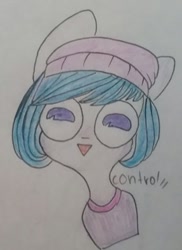 Size: 558x768 | Tagged: safe, artist:cactus-control, oc, oc only, big eyes, blue hair, clothes, hat, looking at you, shirt, simple background, traditional art, white background