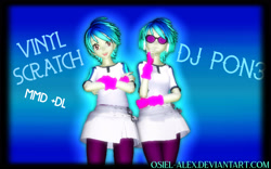 Size: 2797x1743 | Tagged: safe, artist:osiel-alex, dj pon-3, vinyl scratch, equestria girls, 3d, alternate hairstyle, blue background, clothes, female, fingerless gloves, gloves, jacket, leggings, mmd, simple background, skirt, solo, vinyl's glasses