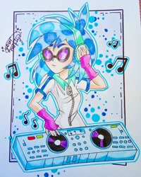 Size: 912x1140 | Tagged: safe, artist:your.millye, dj pon-3, vinyl scratch, human, equestria girls, bust, clothes, female, fingerless gloves, gloves, headphones, humanized, music notes, signature, solo, sunglasses, traditional art, turntable