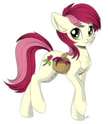 Size: 3310x3803 | Tagged: safe, artist:faline-art, artist:trevorrain, roseluck, earth pony, pony, collaboration, chest fluff, ear fluff, female, flower, mare, saddle bag, simple background, smiling, solo, white background