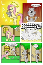 Size: 730x1095 | Tagged: safe, artist:cartoon-eric, fluttershy, harry, oc, oc:fred wolfbane, pegasus, pony, comic:pink. it's what's for dinner, cloth gag, comic, doe eyes, fluttershy's cottage, gag, halo, rope, sad eyes, scared, singing, slasher smile, watering can