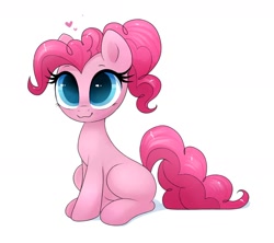 Size: 1598x1421 | Tagged: safe, artist:confetticakez, pinkie pie, earth pony, pony, :3, cute, diapinkes, female, heart, mare, missing cutie mark, ponytail, simple background, sitting, smiling, solo, white background