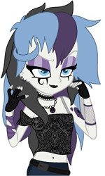 Size: 983x1641 | Tagged: safe, artist:angelofthewisp, oc, oc only, oc:sugar skull (angelofthewisp), equestria girls, belly button, clothes, fingerless gloves, fishnet stockings, gloves, goth, midriff, shirt, short shirt, simple background, solo, white background