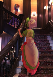 Size: 501x731 | Tagged: safe, alternate version, artist:sa-eku, applejack, rainbow dash, equestria girls, appledash, clothes, dress, female, lesbian, shipping, stairs