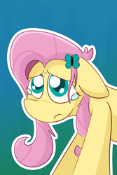 Size: 4000x6000 | Tagged: safe, artist:antimationyt, fluttershy, pegasus, pony, bust, female, floppy ears, gradient background, hair ornament, looking up, mare, outline, sad, solo, stray strand, teary eyes, three quarter view, white outline