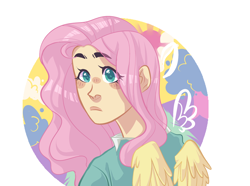 Size: 2750x2050 | Tagged: safe, artist:corporalvortex, fluttershy, human, bust, circle, eye clipping through hair, eyebrows visible through hair, humanized, looking at you, looking back, looking back at you, solo, winged humanization, wings