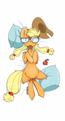 Size: 2160x3996 | Tagged: safe, artist:difis, applejack, earth pony, pony, apple, applejack's hat, chest fluff, cowboy hat, female, food, hat, looking at you, lying on bed, mare, on back, pillow, solo, wide eyes