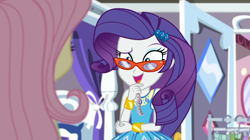 Size: 1910x1071 | Tagged: safe, screencap, fluttershy, rarity, better together, choose your own ending, costume conundrum, costume conundrum: rarity, equestria girls, bracelet, clothes rack, female, jewelry, measuring tape, open mouth, raised eyebrow, rarity's bedroom, rarity's glasses, smiling