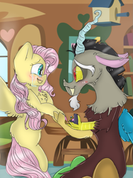 Size: 899x1200 | Tagged: safe, artist:cocolove2176, discord, fluttershy, draconequus, pegasus, pony, blushing, chest fluff, cottage, crying, cute, discoshy, discute, female, male, marriage proposal, ring, shipping, shyabetes, straight, tears of joy, wing fluff