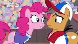 Size: 1280x720 | Tagged: safe, screencap, pinkie pie, quibble pants, earth pony, pony, common ground, cap, clothes, hat, shirt