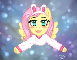 Size: 1800x1400 | Tagged: safe, artist:yumomochan, fluttershy, pegasus, pony, abstract background, animal costume, blushing, bunny costume, clothes, costume, digital art, female, flying, lightning, mare, smiley face, solo