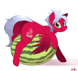 Size: 4000x3656 | Tagged: safe, artist:b-epon, oc, oc only, oc:melon frost, pegasus, pony, cute, ear piercing, earring, female, food, jewelry, looking at you, mare, melon, piercing, plot, simple background, smiling, solo, watermelon, white background