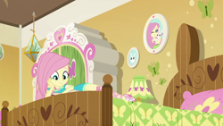 Size: 1920x1080 | Tagged: safe, screencap, angel bunny, fluttershy, rabbit, better together, do it for the ponygram!, equestria girls, animal, bed, fluttershy's bedroom, solo