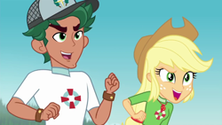 Size: 1280x720 | Tagged: safe, screencap, applejack, timber spruce, better together, equestria girls, turf war, clothes, geode of super strength, graveyard of comments, lifeguard applejack, lifeguard timber, magical geodes, male, smiling