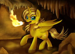 Size: 3549x2590 | Tagged: safe, artist:pridark, oc, oc only, oc:ticket, alicorn, pony, alicorn oc, cave, mouth hold, solo