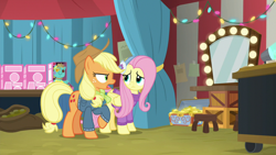 Size: 1280x720 | Tagged: safe, screencap, applejack, fluttershy, earth pony, pegasus, pony, best gift ever