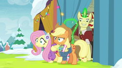 Size: 1280x720 | Tagged: safe, screencap, applejack, flam, flim, fluttershy, earth pony, pegasus, pony, best gift ever, angry, cunning, curtains, doll, duped, flim flam brothers, holly the hearths warmer doll, magic, shocked, smiling, smirk, toy